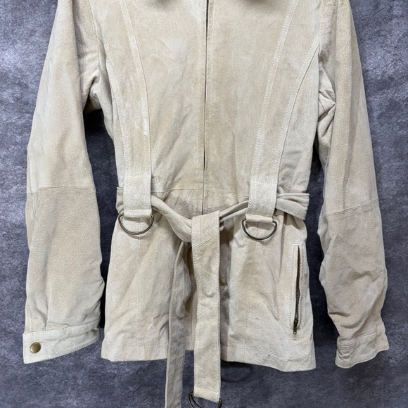 Y2K Neutral Zone Suede Leather Jacket Womens M Tie Belt Beige Utility Neutral - Picture 3 of 16